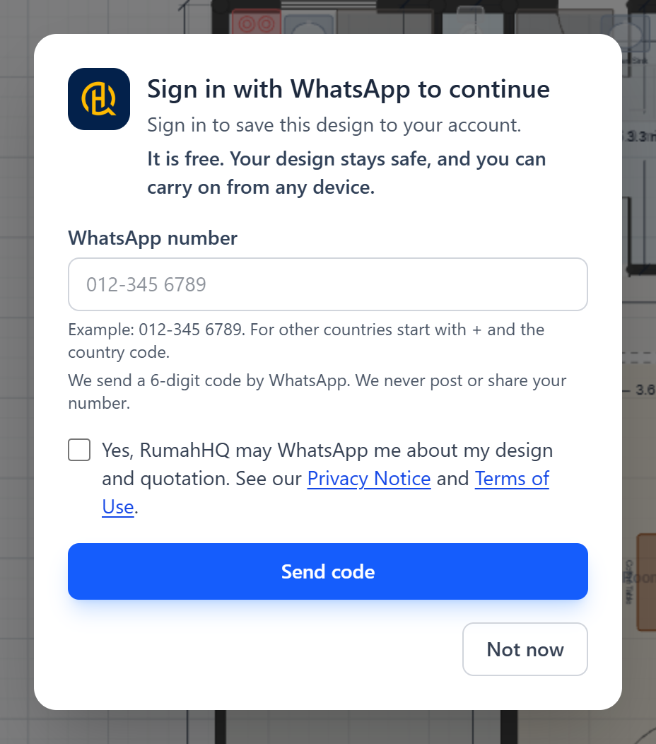 The sign-in dialog that opens when a visitor presses Save, with the reason "Sign in to save this design to your account" and the WhatsApp number box.
