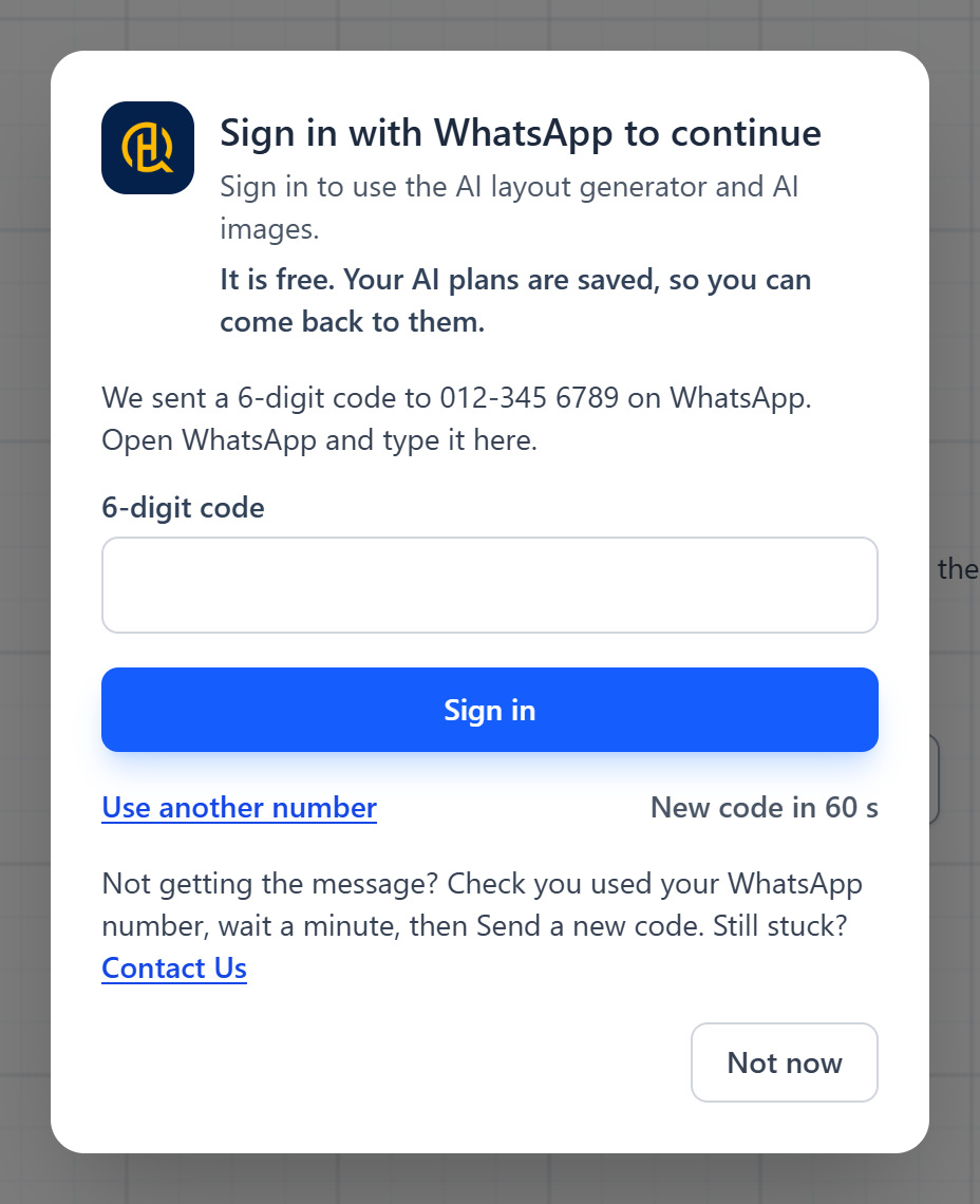 The sign-in dialog waiting for the 6-digit code that was sent to your WhatsApp.