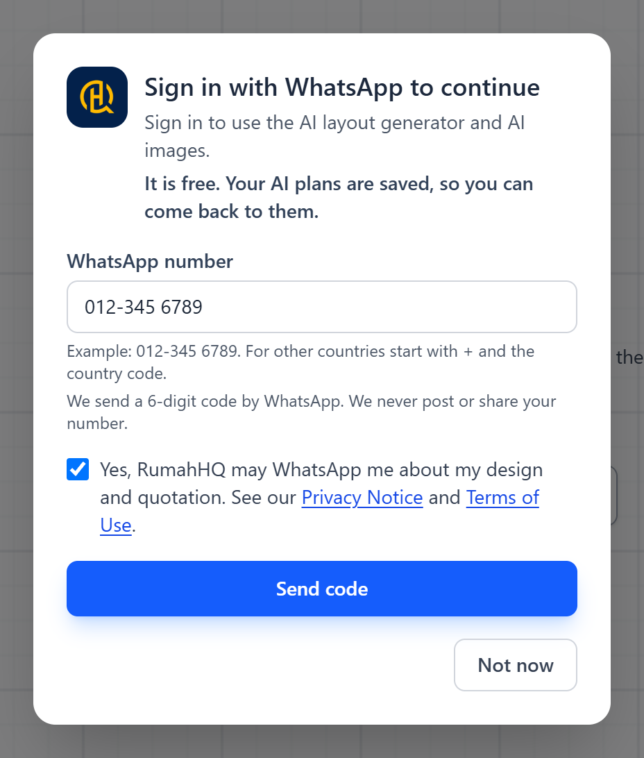 The dialog "Sign in with WhatsApp to continue" that appears when you use AI, with the reason and the WhatsApp number box.